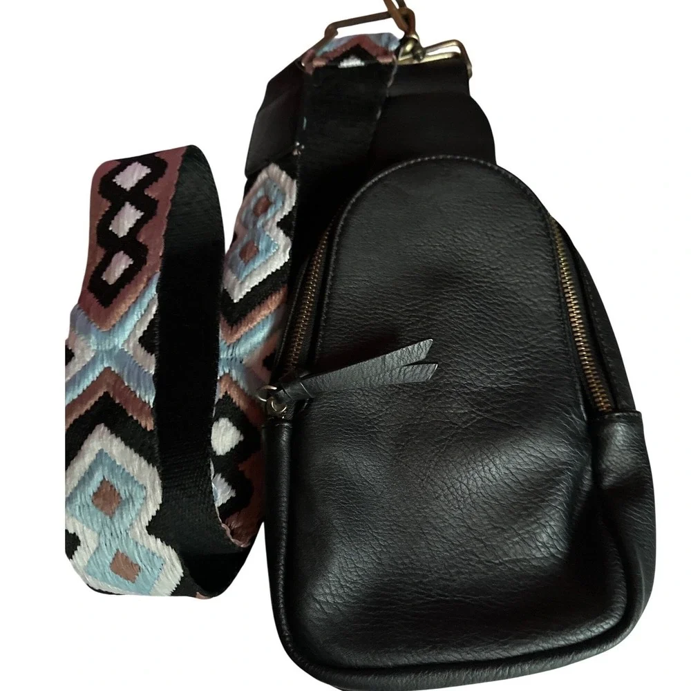 Urban Originals Anthropologie Black Vegan Leather Sling Bag Woven Strap.